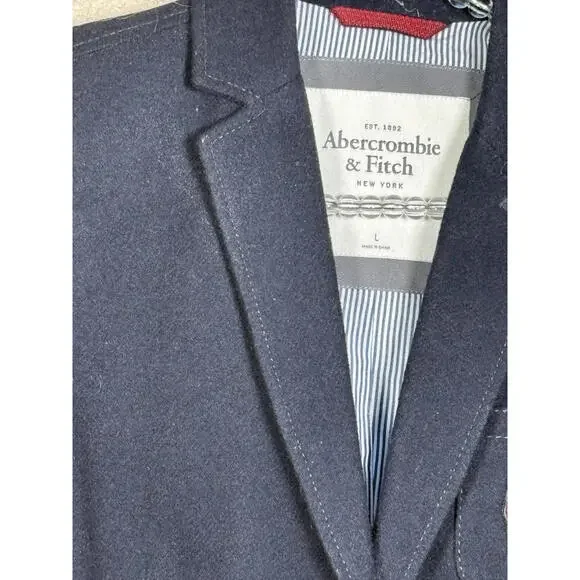 Abercrombie & Fitch Wool Blend Navy Sz Large Fitted Cropped Lined Blazer Crest - Picture 3 of 8